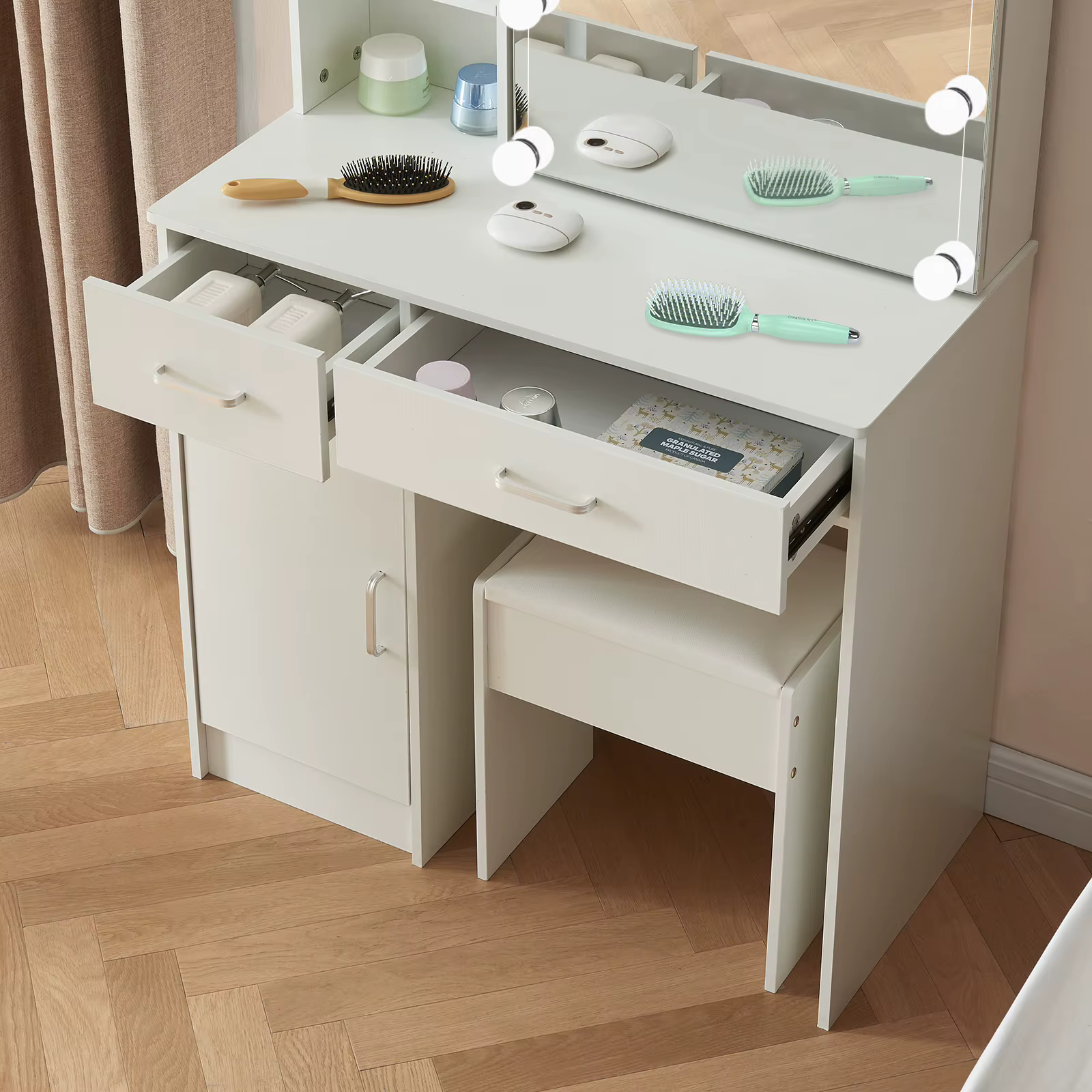Ensemble de vanité de maquillage avec miroir et lumières, commode, armoire de rangement, 3 modes d'é