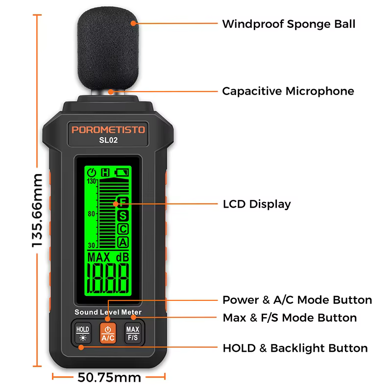 Sonometre numérique SL02 30-130dB avec pondération A/C, sonometre audio anti-vent, sonometre portabl