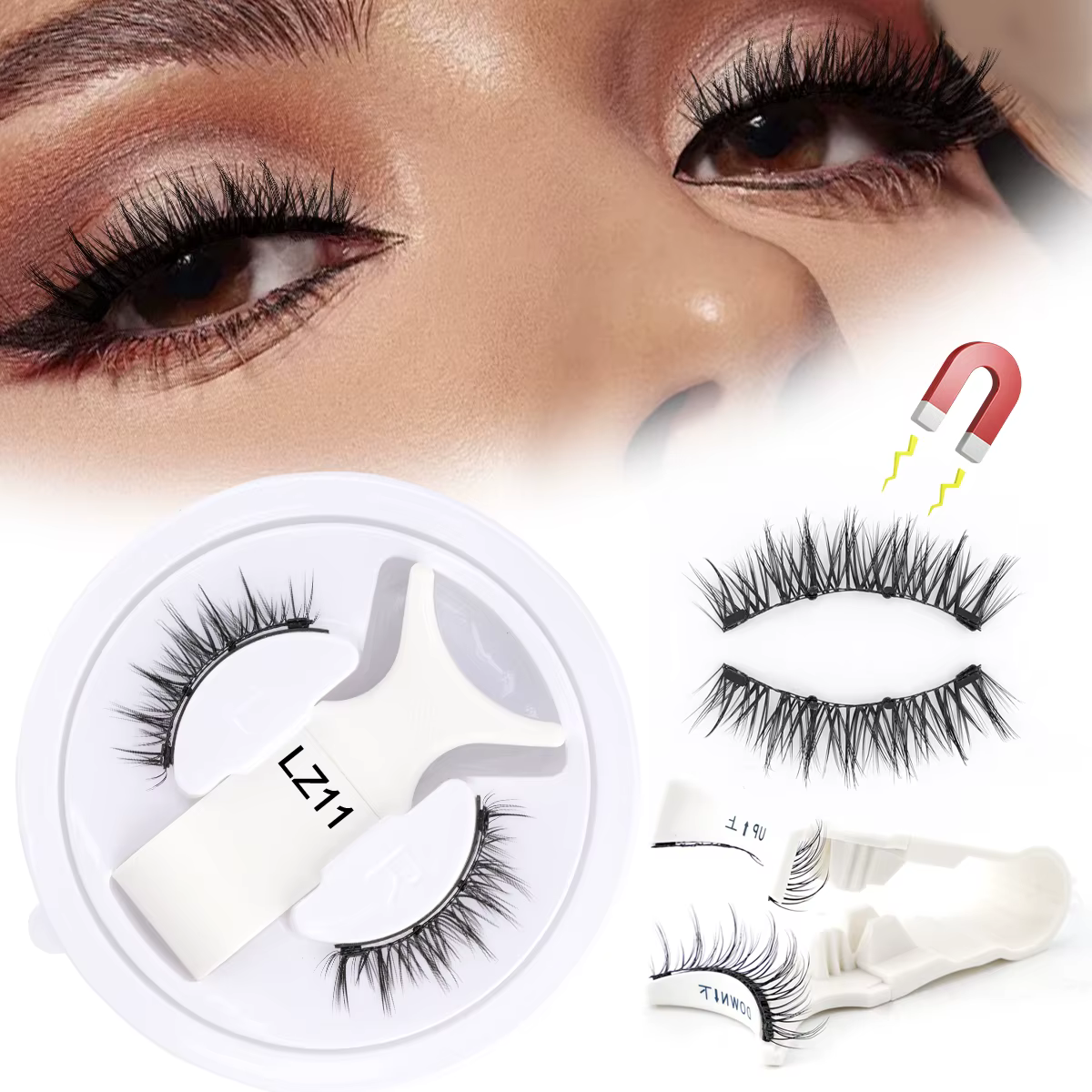 Ensemble de faux cils magnétiques, cils bouclés naturels faits à la main avec pince à épiler, outils