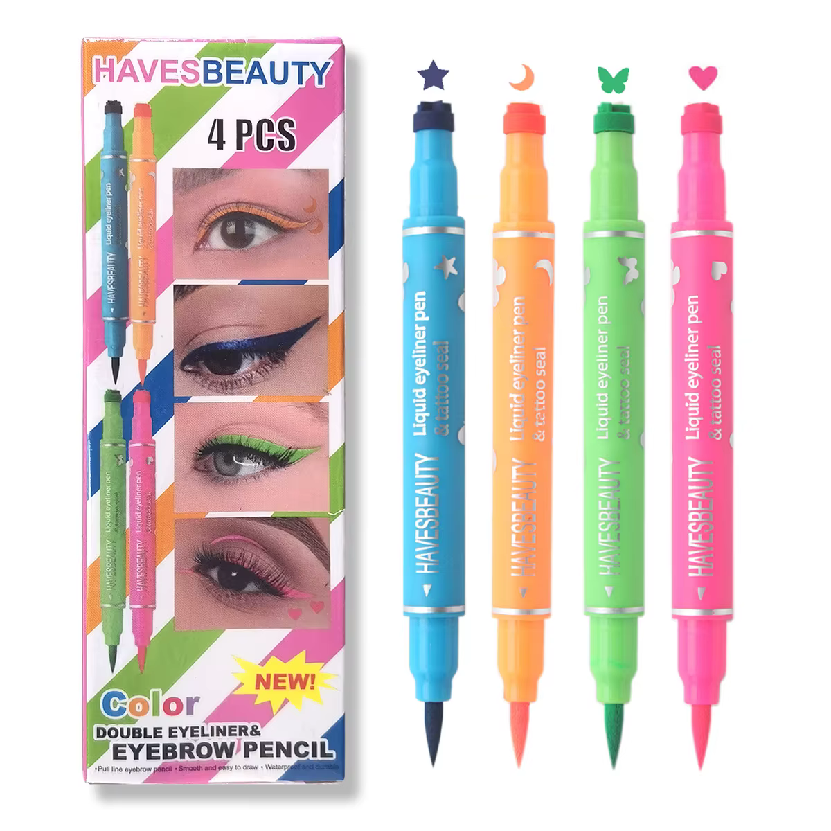 Eyeliner double embout coloré, tampon à motifs, waterproof et anti-bavure, pour embellir la pointe d