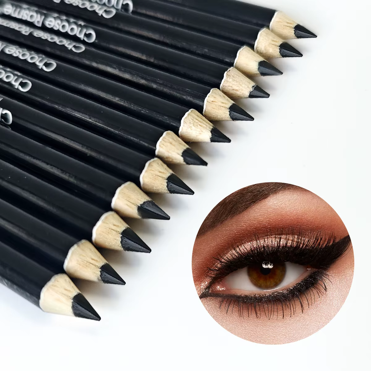 Crayon Eyeliner noir 12 pièces, stylo à tige en bois, Eye-Liner à crochet noir solide avec divers ma