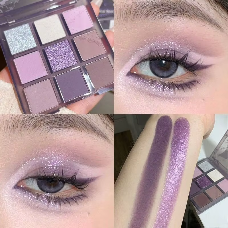 Palette de maquillage de fard à paupières violet lavande, neuf couleurs, paillettes violettes, durab