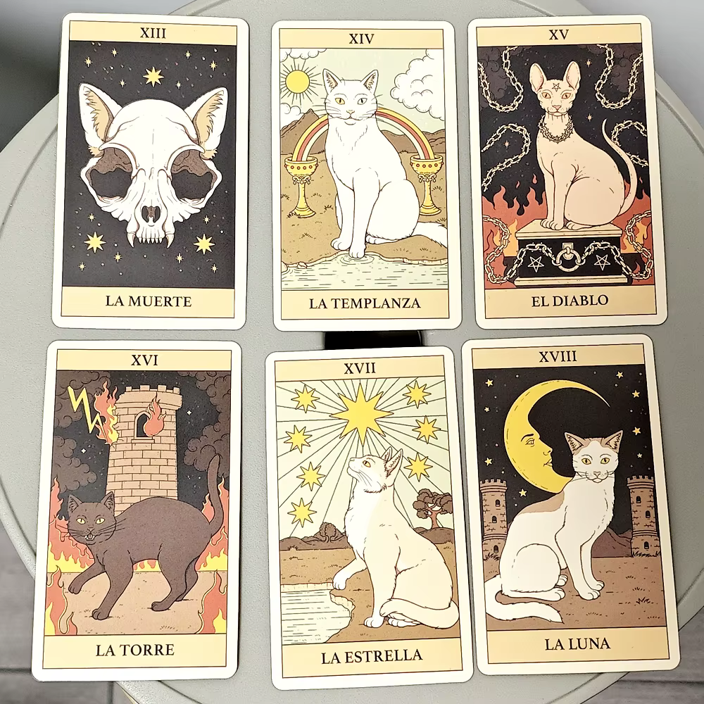 Les chats regulan le jeu de cartes de Tarot de la Terre, 78 cartes pour l'édition espagnole Feline-O