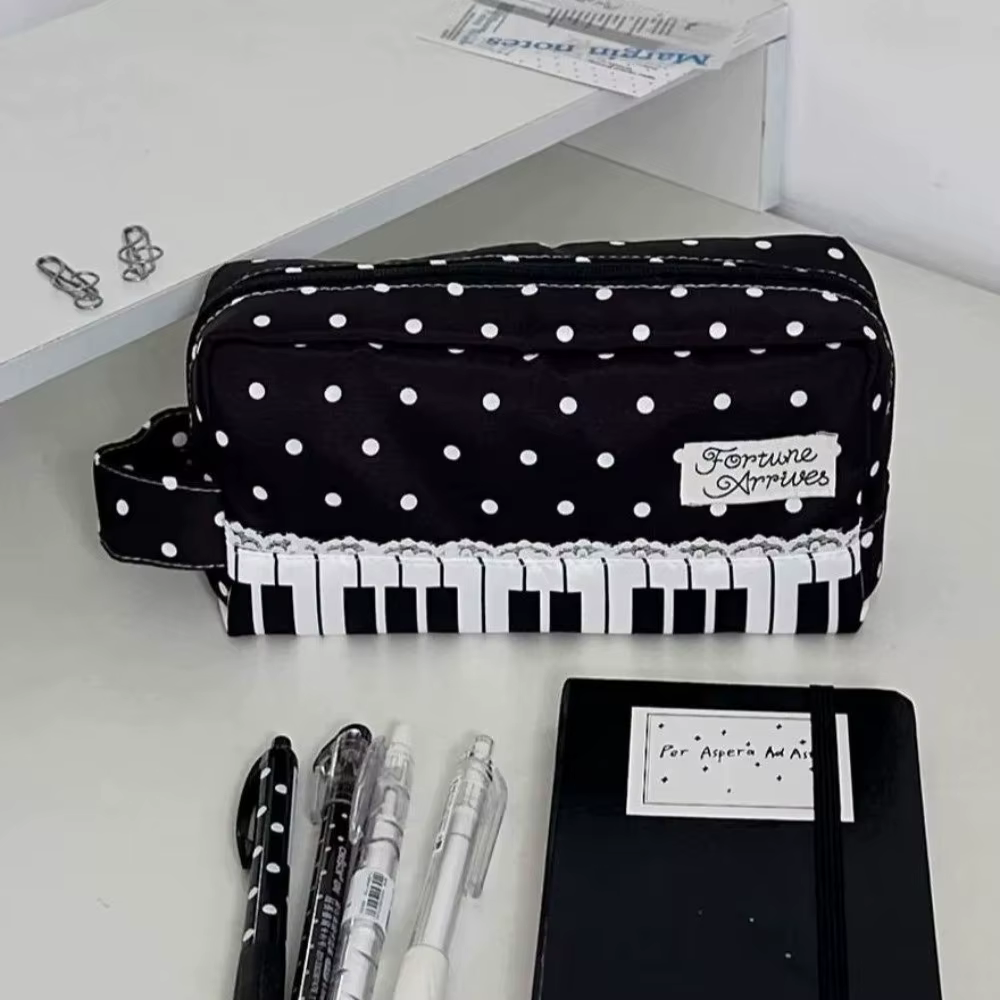 Étui à crayons Kawaii imprimé à pois avec poignée, sac à stylos de grande capacité, pochette de pape