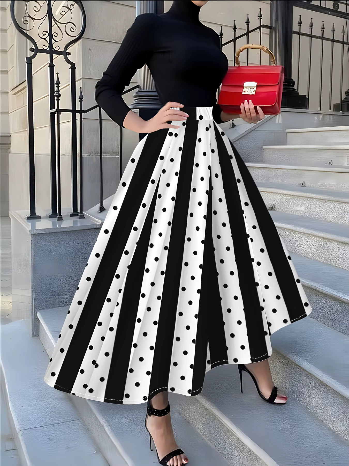 Jupe midi plissée évasée taille haute pour femme, idéale pour les vacances d'été, tenue décontractée