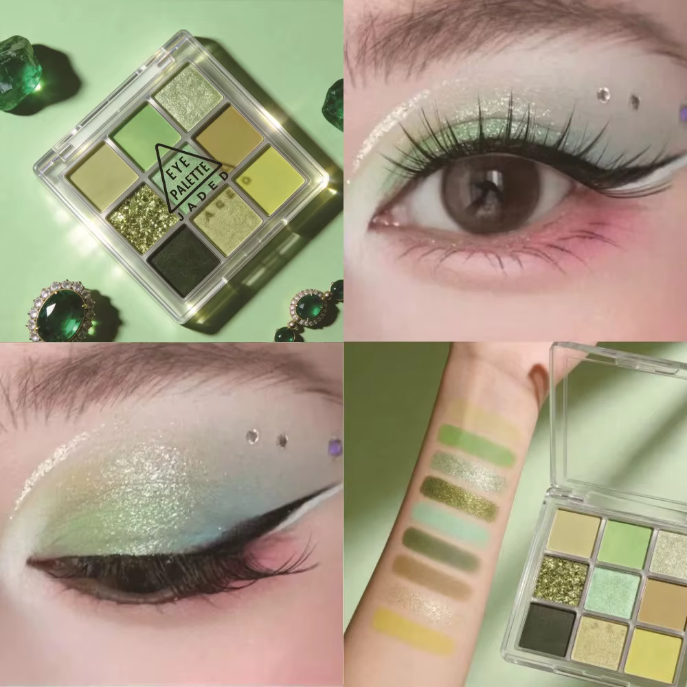 Palette de fards à paupières vert menthe 9 couleurs, longue tenue, nacré, scintillant, mat, effet fo