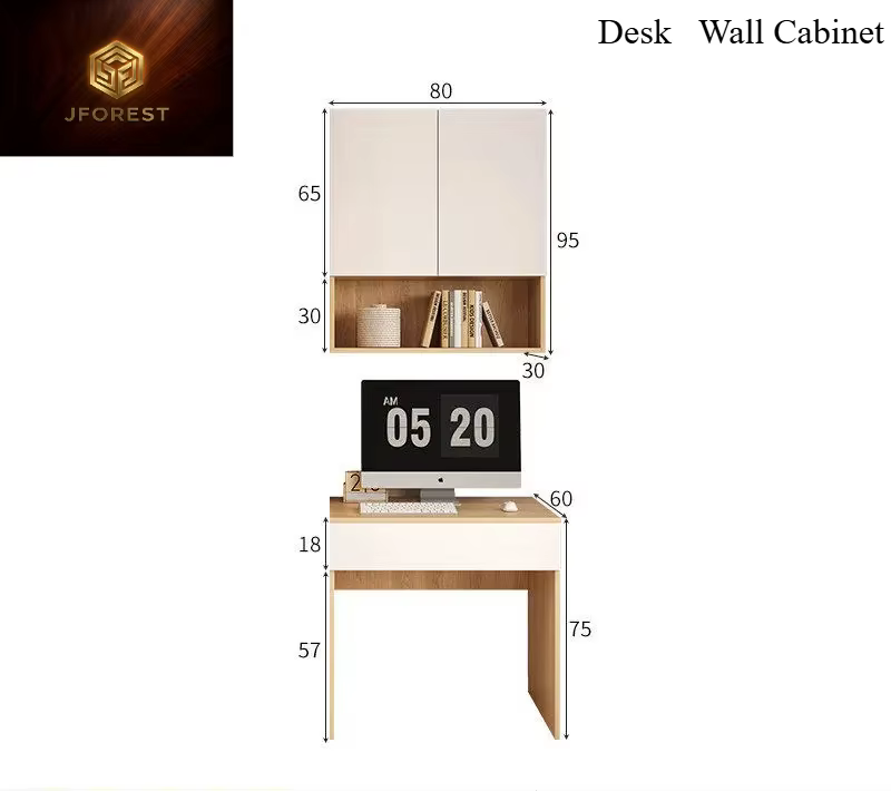 Bureau en bois massif avec armoire intégrée, étagère murale et table d'écriture pour ordinateur, gai