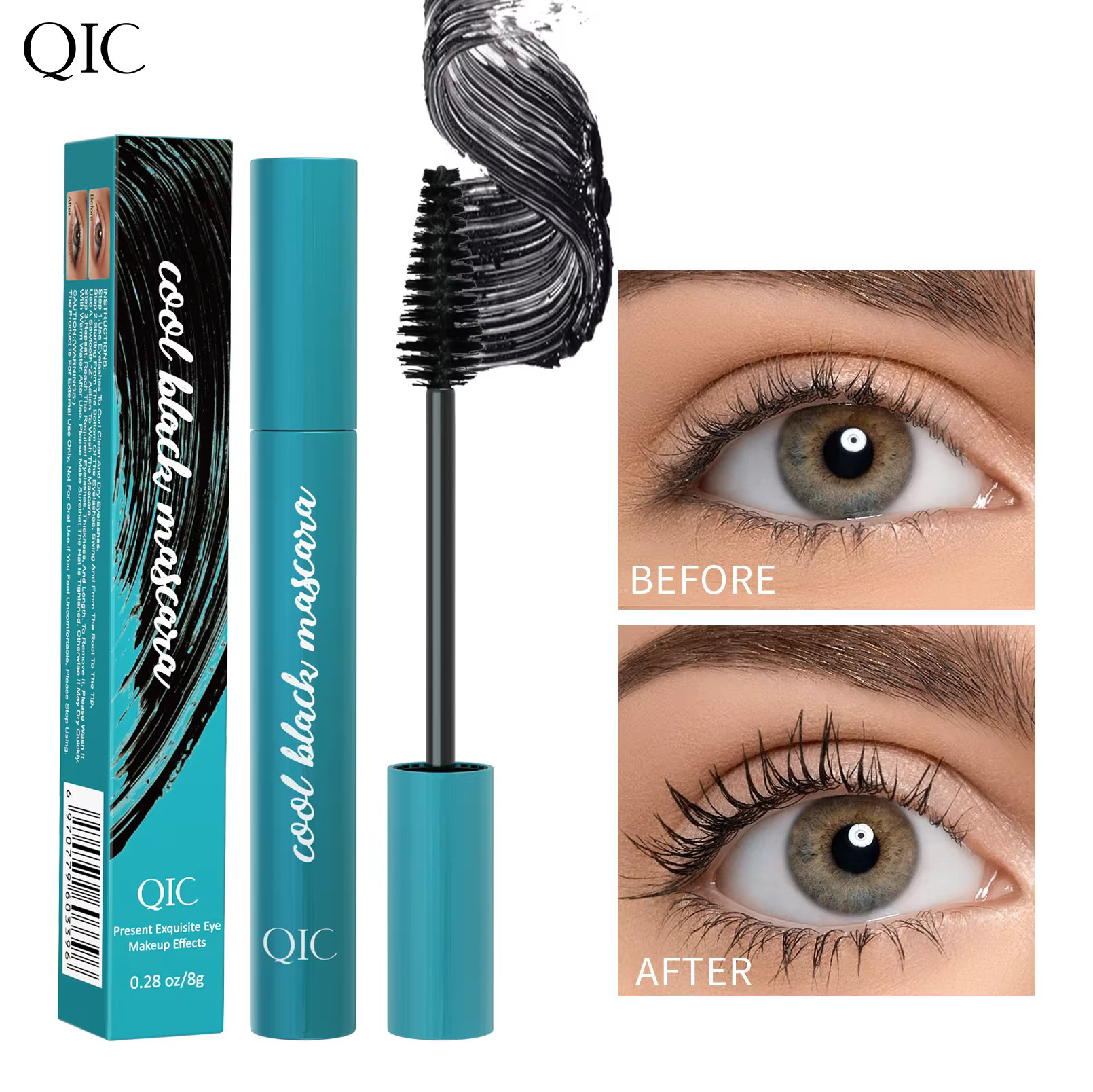 Mascara volumisant 4D noir waterproof, anti-bavures, allongeant les cils