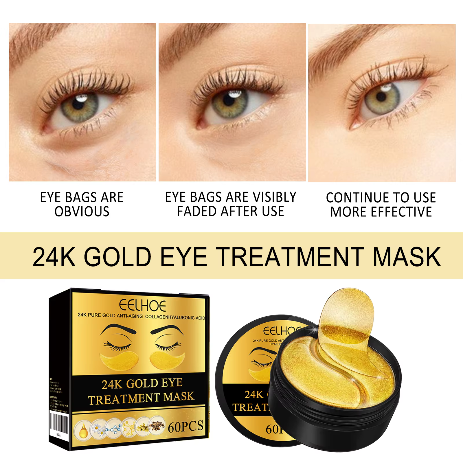 EELHOE 24K or masque pour les yeux Anti foncé hydratant sous les yeux coussinets de Gel revitalisant