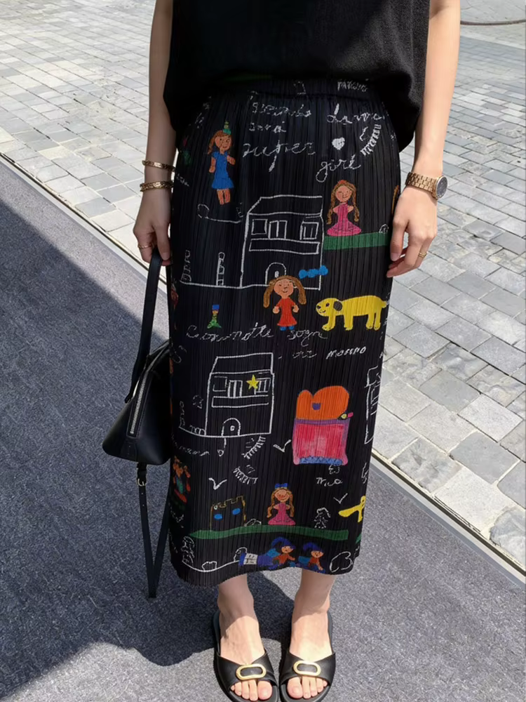 Jupe plissée style Miyake, design de niche, taille haute, imprimé dessin animé, amincissante, pour f