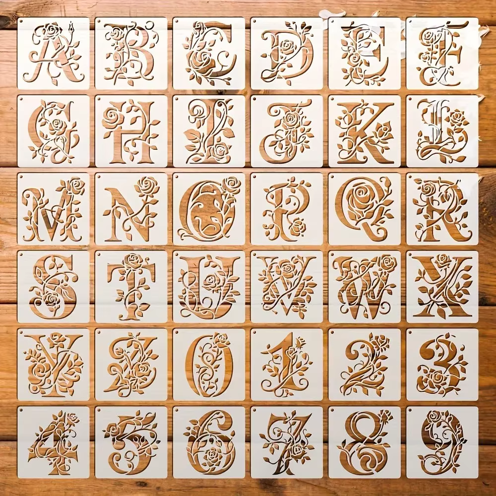 36 modèles de lettres florales réutilisables, pochoirs de peinture de lettres roses, pochoirs de gra