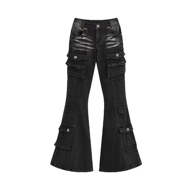 Jean Cargo taille basse pour femmes, noir délavé, années 2000, Y2K, rétro, moustaches en détresse, m