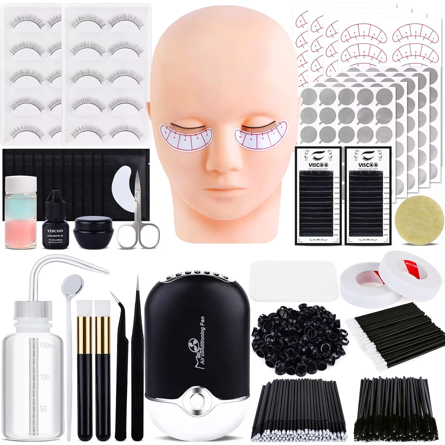 Kit d'extension de cils pour débutant avec tête de mannequin, ventilateur de cils et fournitures pou
