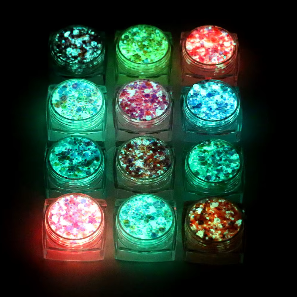 Bowitzki 12 couleurs brillent dans le noir paillettes Gel visage paillettes corps paillettes Gel che