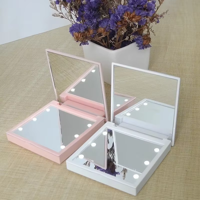 Miroir de maquillage à 6 Led avec loupe légère, petite poche Portable de voyage rose noir blanc, mir