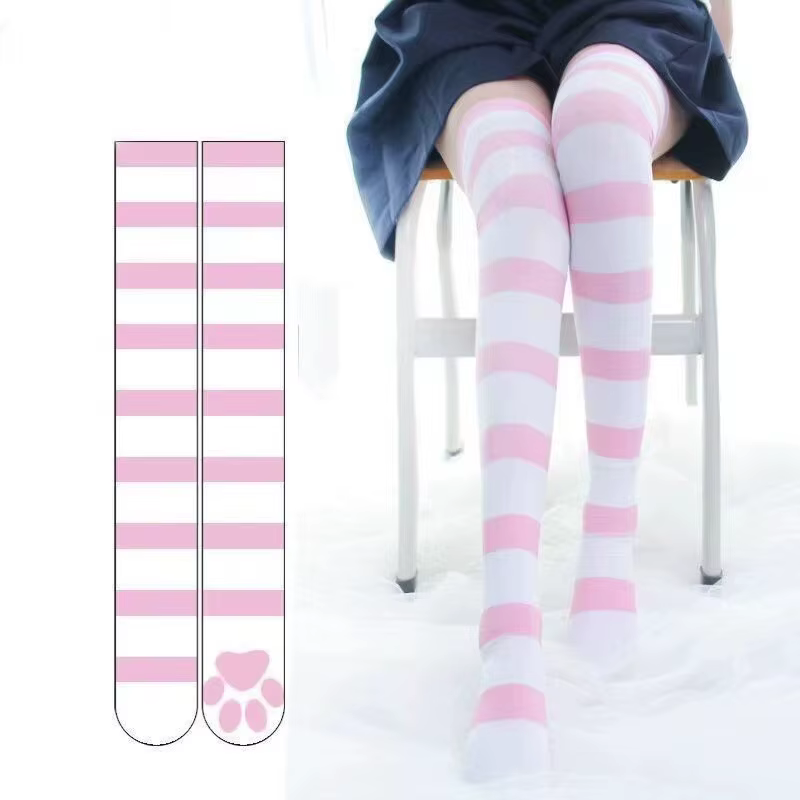 Lolita – chaussettes au dessus du genou, bande rose, bas imprimés patte de chat Kawaii, velours goth