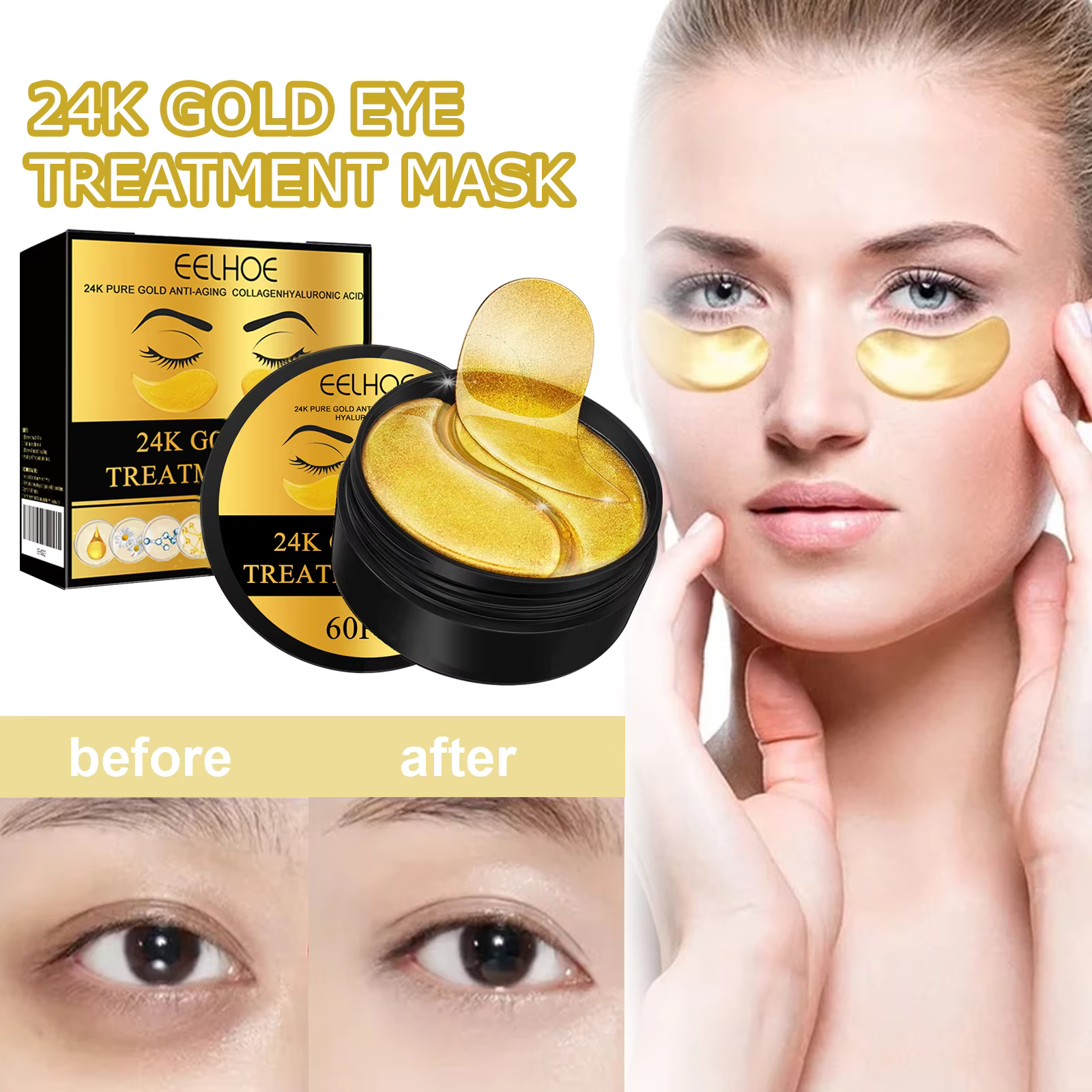 EELHOE 24K or masque pour les yeux Anti foncé hydratant sous les yeux coussinets de Gel revitalisant