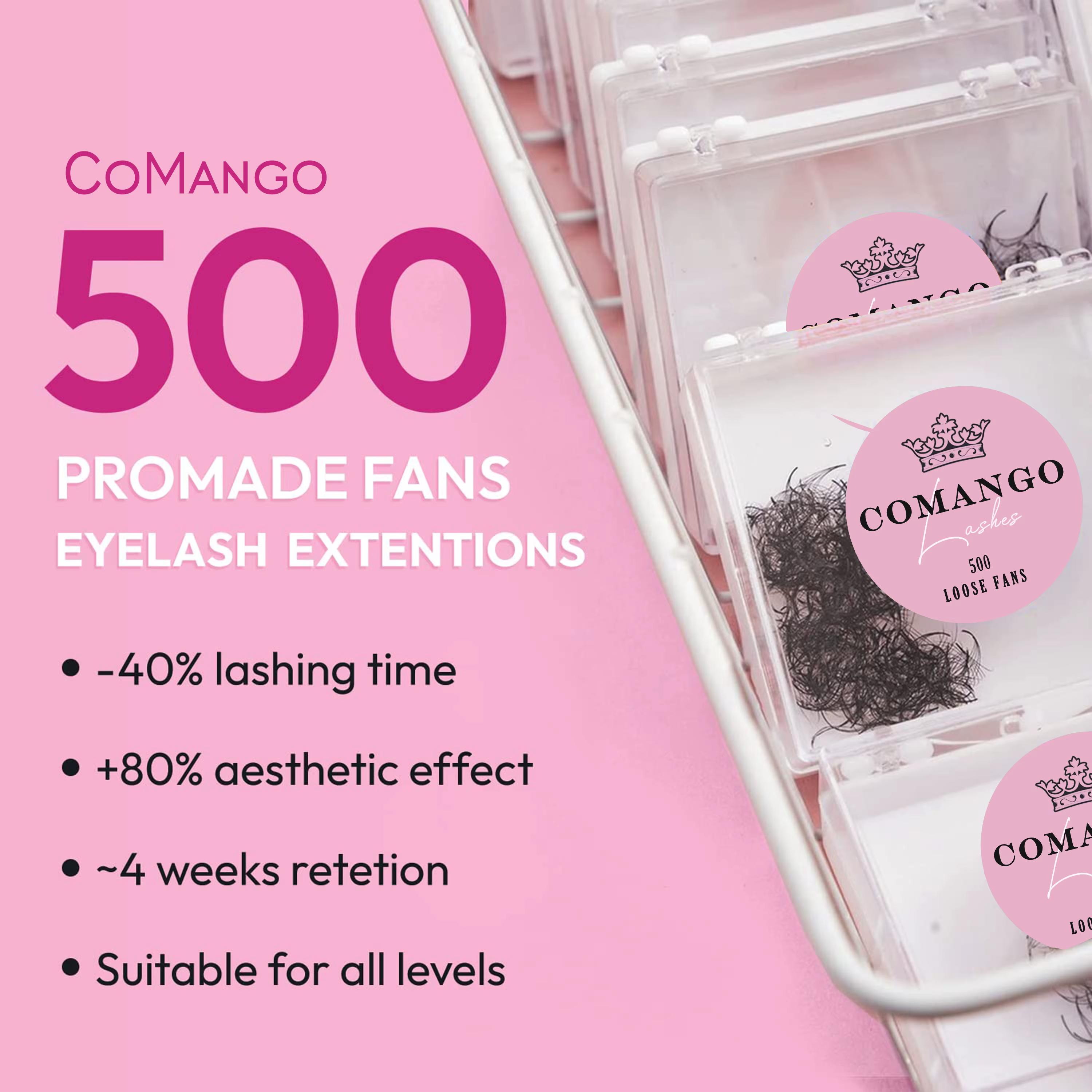 CoMango 500 ventilateurs Promade Fans Extension de cils en vrac 3/6/7/10/12/14/16D tige pointue 0.05