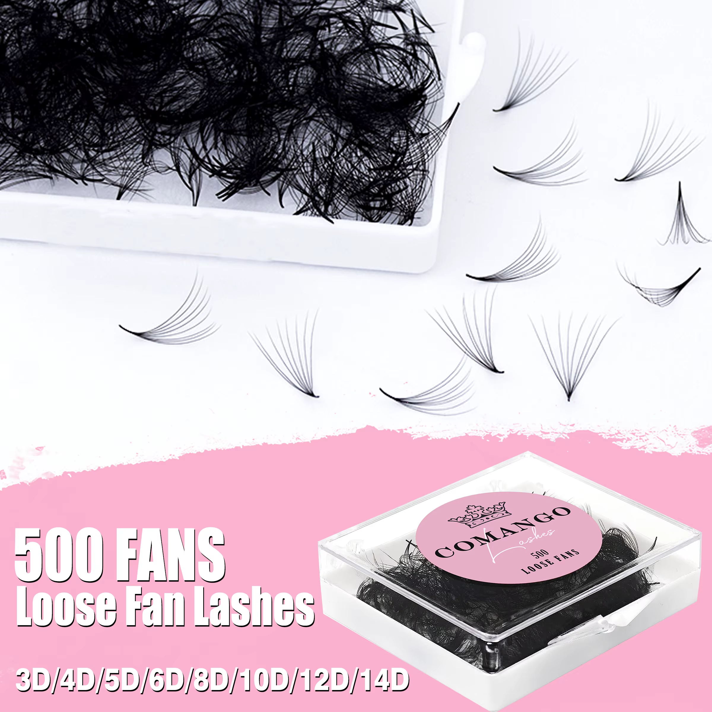 CoMango 500 ventilateurs Promade Fans Extension de cils en vrac 3/6/7/10/12/14/16D tige pointue 0.05