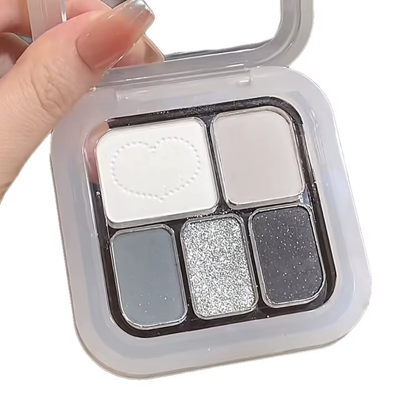 Palette de fards à paupières punk 5 couleurs pour maquillage smokey eye, blanc argenté, gris ciment,