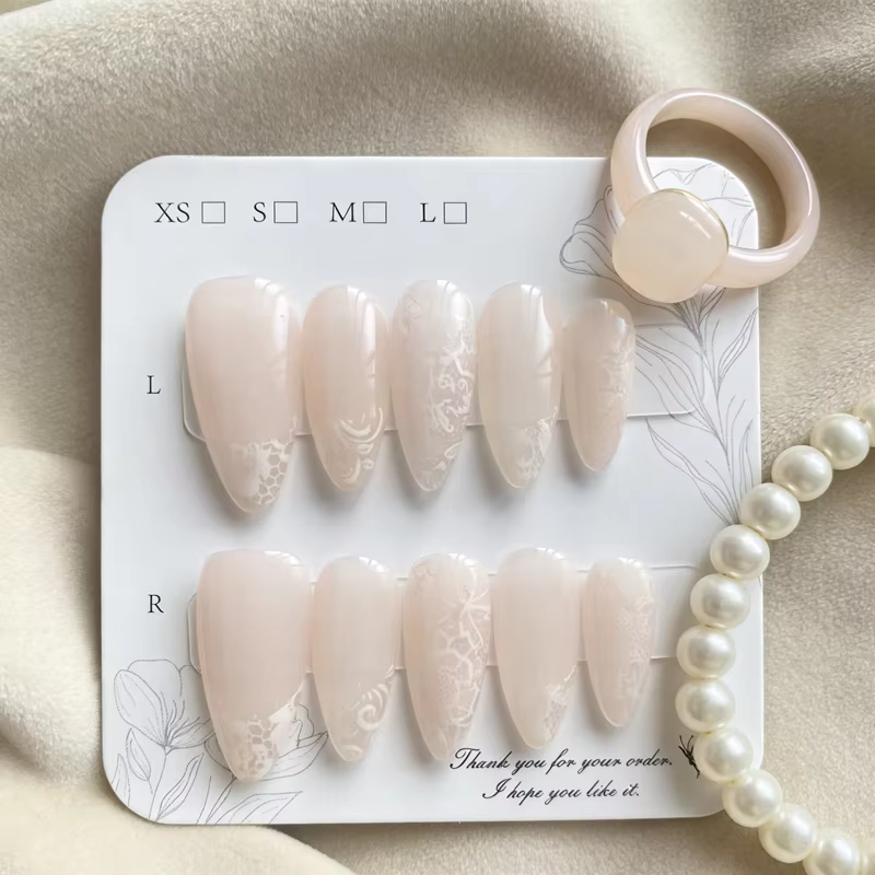 10 faux ongles en dentelle faits à la main, rose nude transparent, manucure française, forme amande,