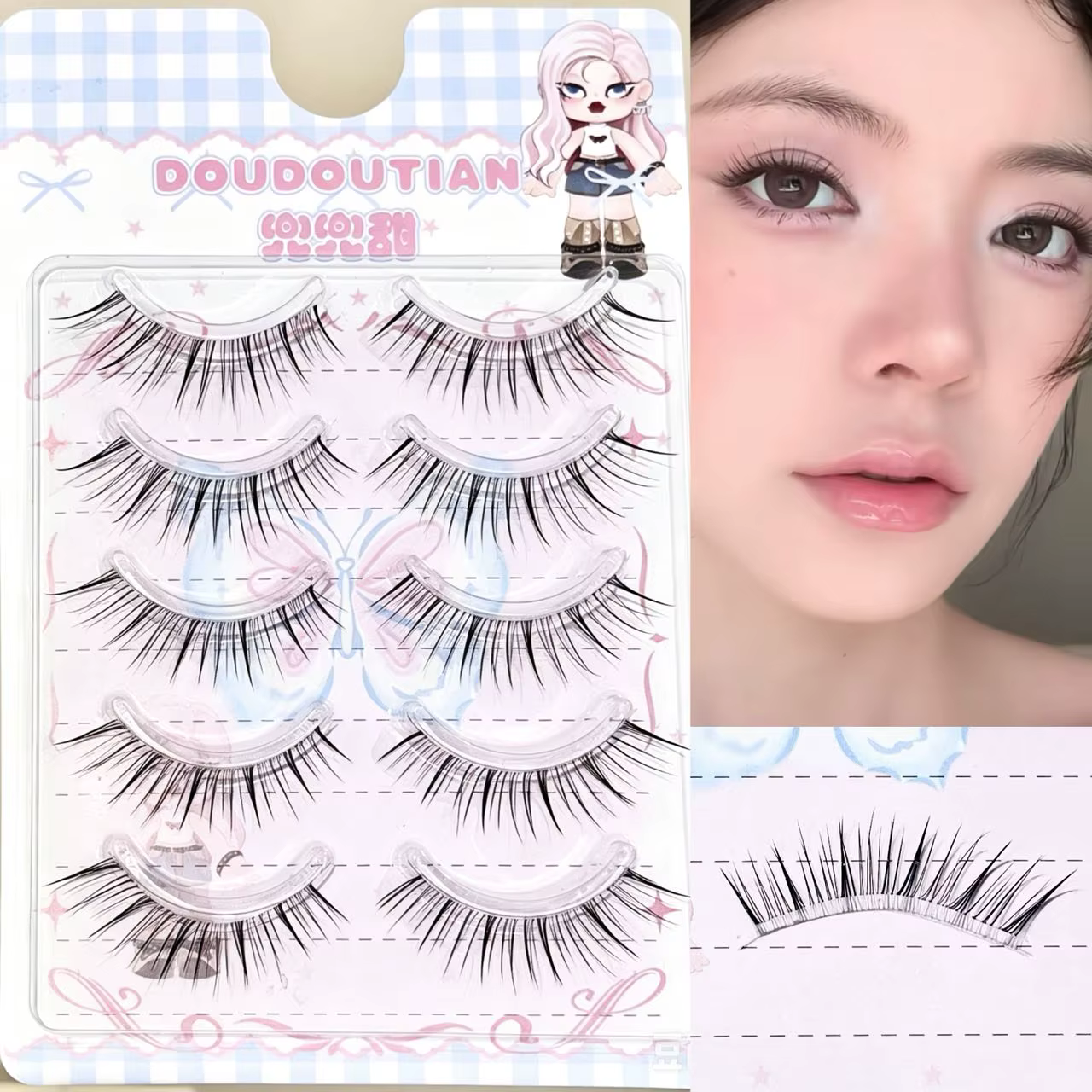 Doudoutian Cils Violets Translucides Effilés, Clusters Fins et Vaporeux, Bande Souple Transparente, 