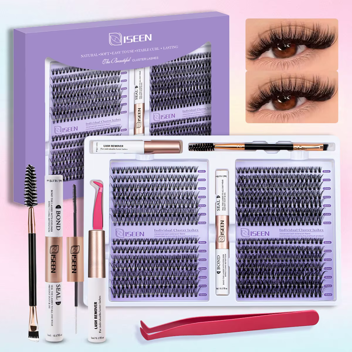 ISEEN bricolage Kit d'extension de cils grappe mélange cils ensemble complet Kit de cils avec liaiso