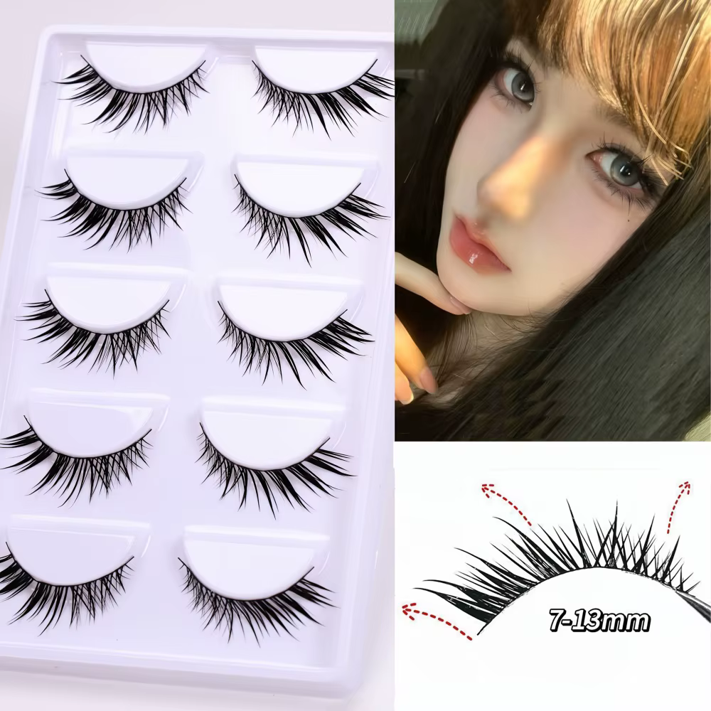 5 paires de faux cils volants diagonales avec de fines tiges noires, naturellement recourbés et reco