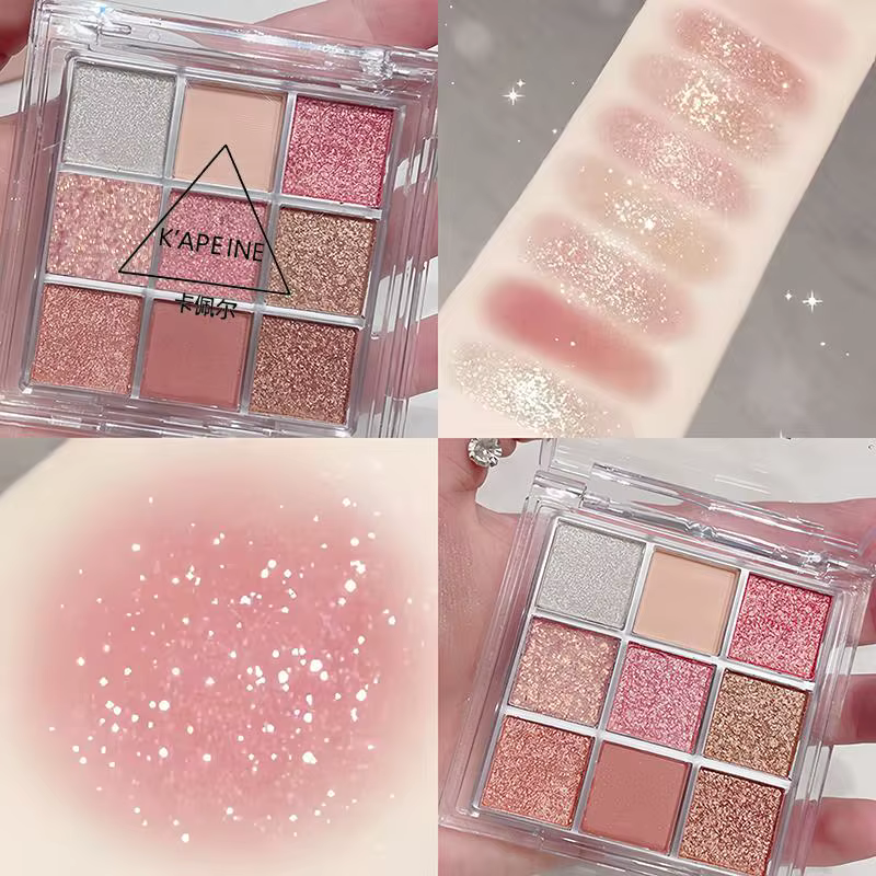 Palette de fards à paupières Rose 9 couleurs, pailletée, brillante, imperméable, effet nacré, maquil