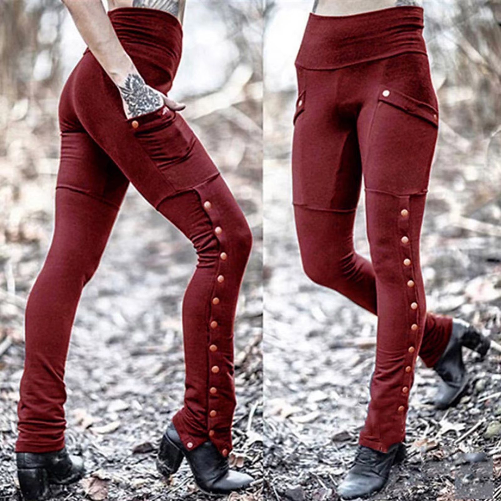 Pantalon Crayon Noir pour Femme, Style Médiéval, Gothique, Steampunk, Rivet, Leggings Slim, Mode FjS