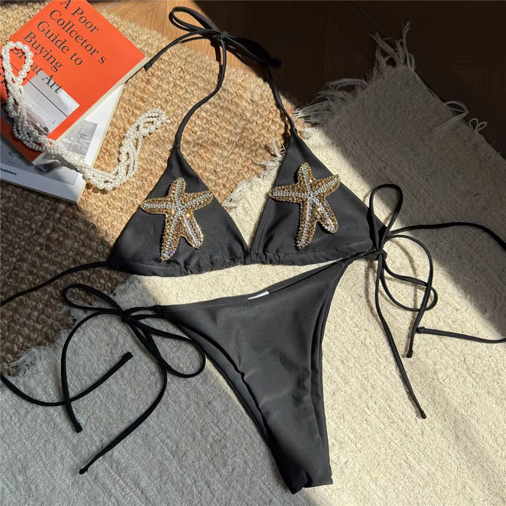 Maillot de bain blanc sexy pour femme, style micro bikini triangle à nouer, avec strass et motif éto