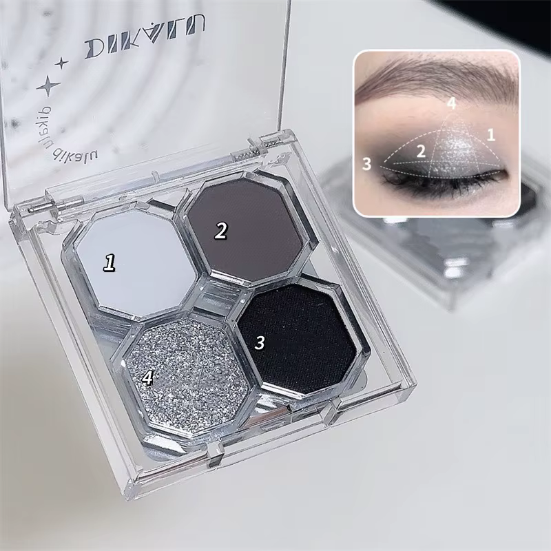 Palette de fards à paupières 4 couleurs Black Light Star pour maquillage smoky, tons noir foncé et g