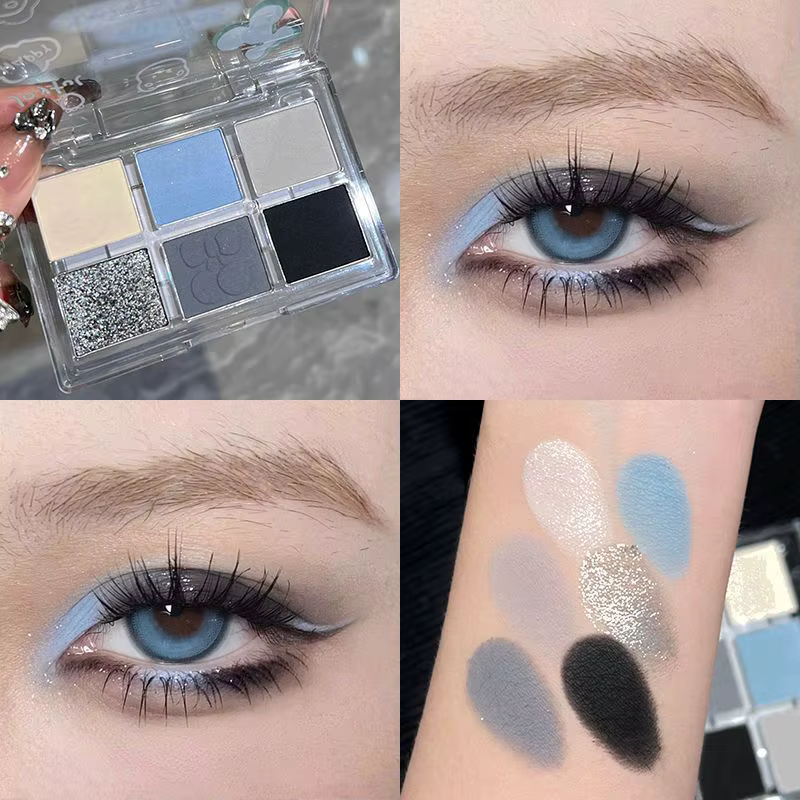 Palette de fards à paupières fumés, gris mat, bleu, 6 couleurs, paillettes argentées, acrylique, maq