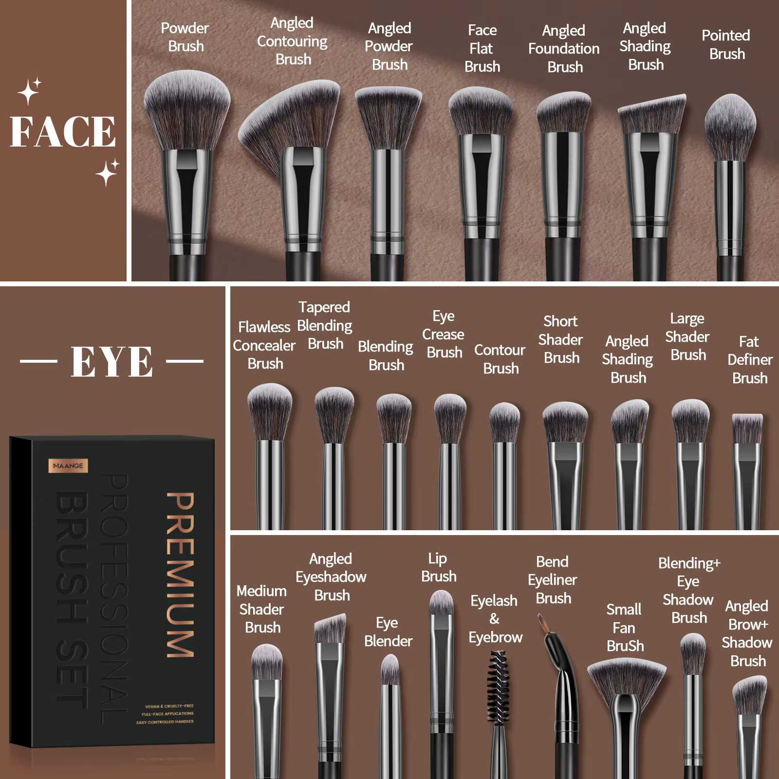 MAANGE 25 boîte-cadeau ensemble de pinceaux de maquillage des yeux du visage professionnel brosses p