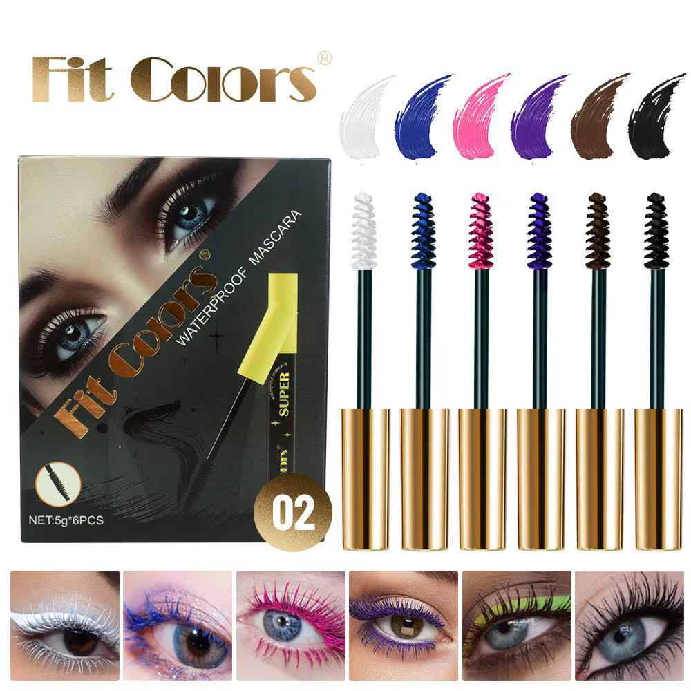 6 couleurs/ensemble Mascara coloré crème bleu vert durable Mascara imperméable Curling cils épais Cu