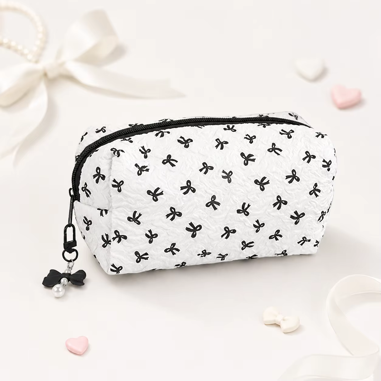 Trousse à crayons matelassée à motif nœud mignon, sac de rangement portable grande capacité pour fou