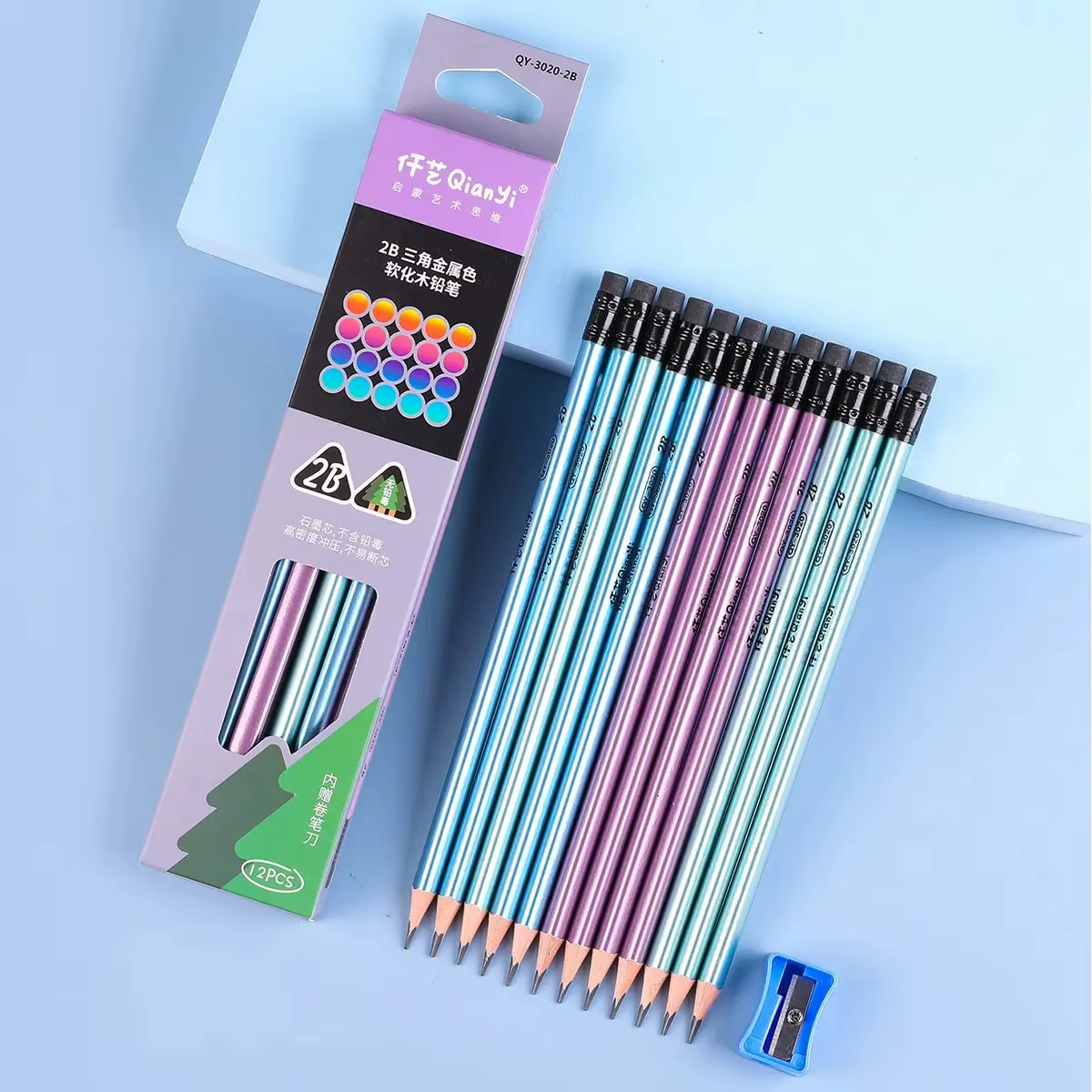 12 pièces/ensemble Crayons en bois HB 2B avec motif de dessin animé et gomme, taille-crayon gratuit,
