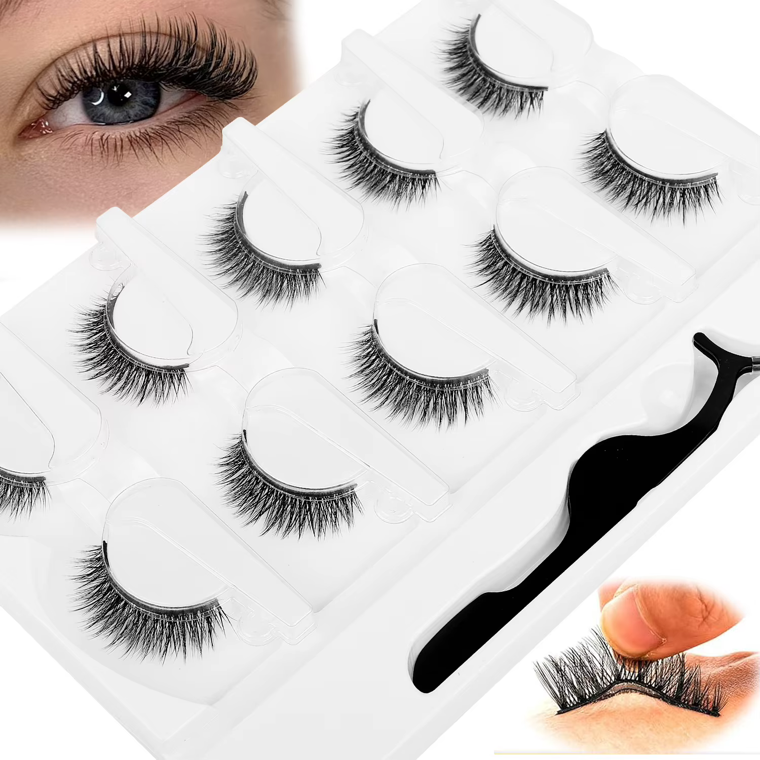 5 paires de faux cils auto-adhésifs 3D sans colle, naturels, Application en une étape, facile à enle