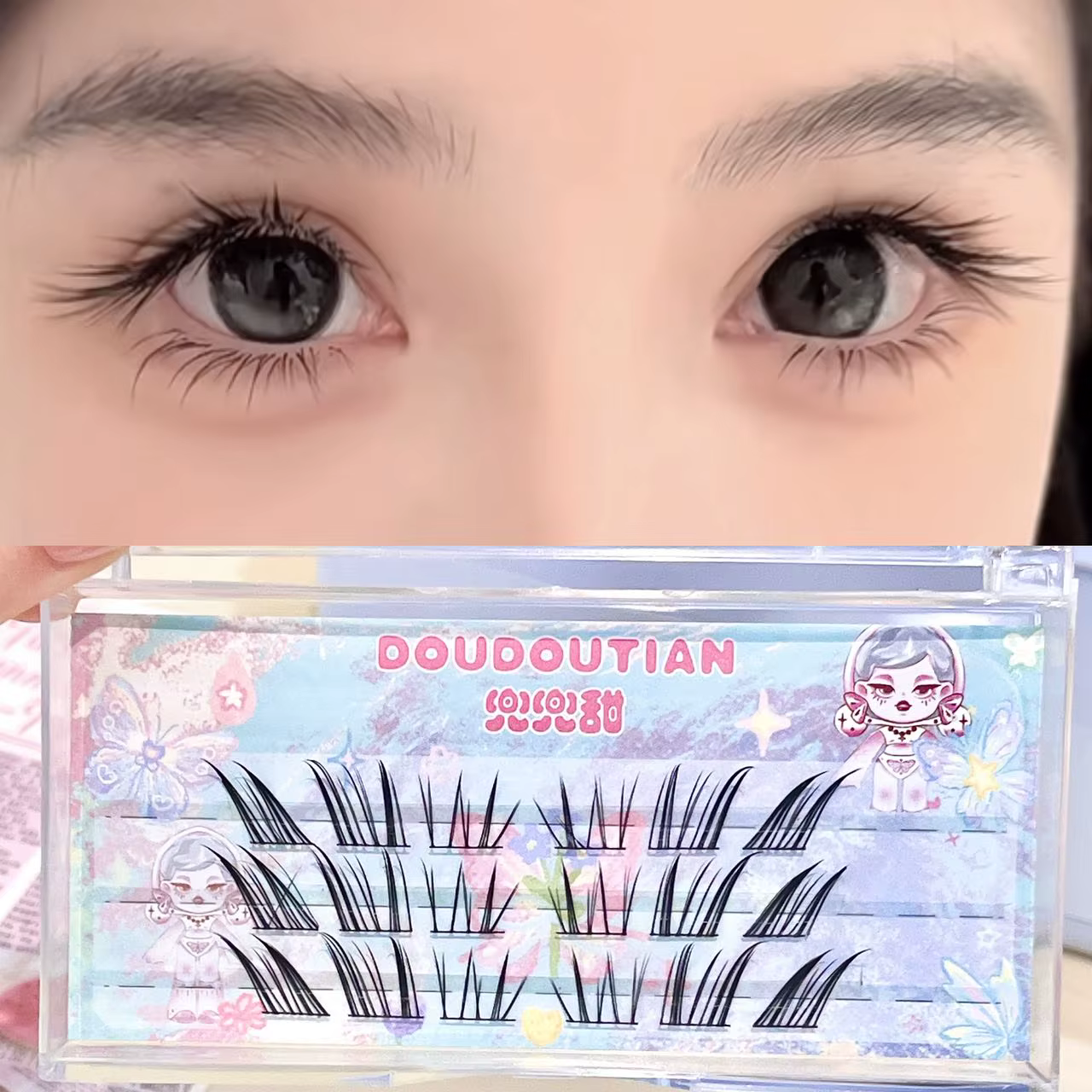 Doudoutian Cool Cat Faux Cils Effet Œil de Chat Inclinés, Bande Transparente Fine, Doux et Volumineu