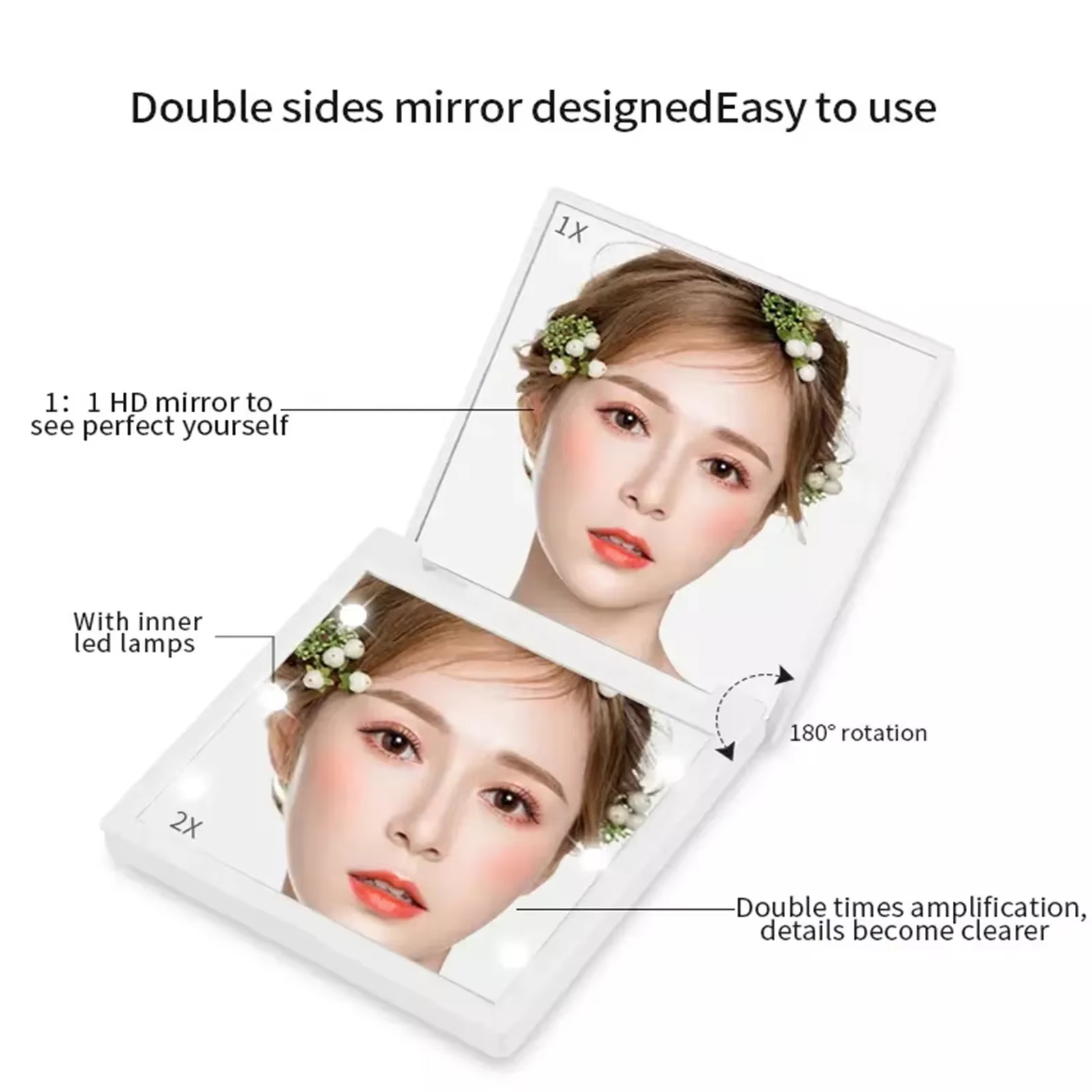 Miroir de maquillage à 6 Led avec loupe légère, petite poche Portable de voyage rose noir blanc, mir