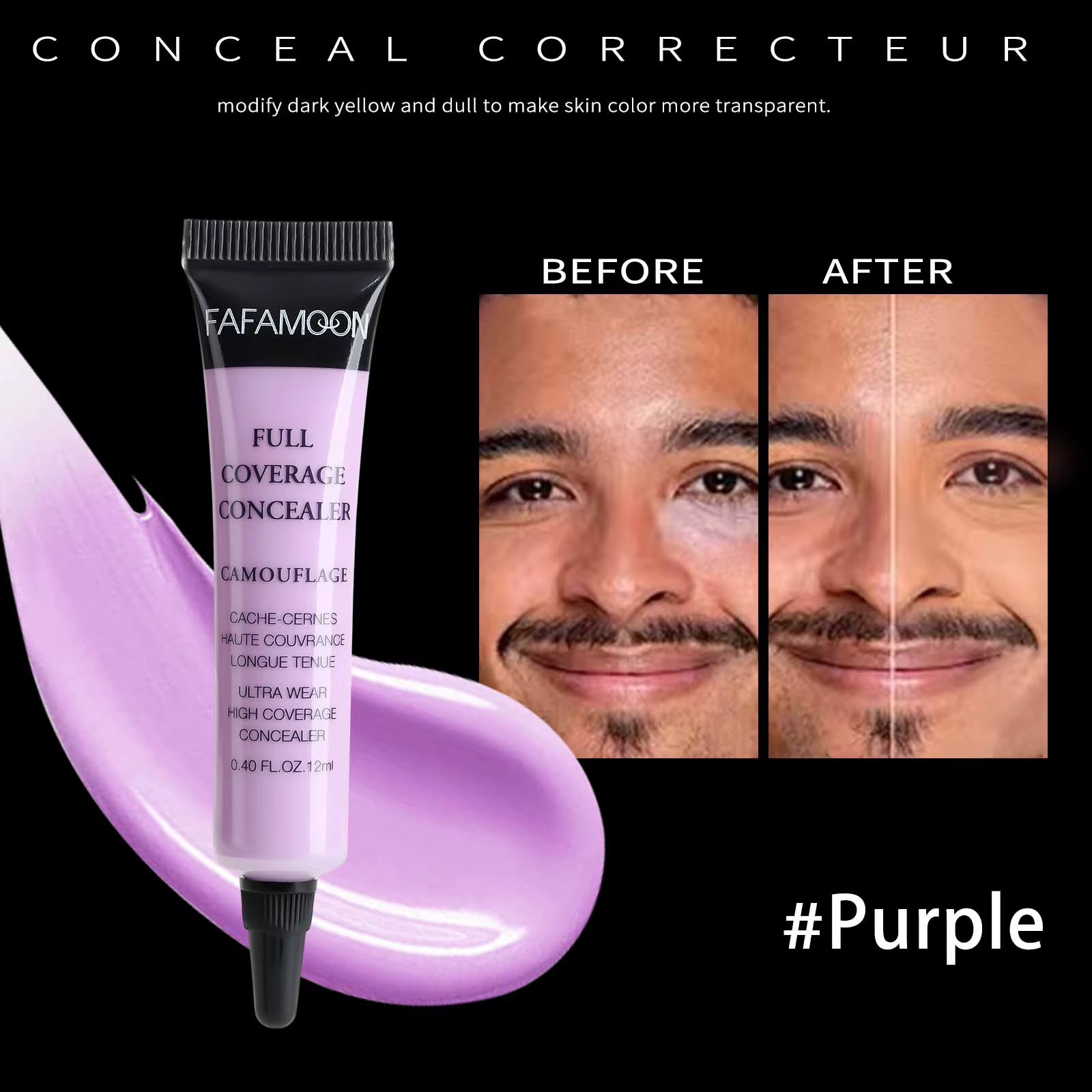 Correcteur liquide imperméable à couverture complète, contrôle de l'huile longue durée, vert, violet