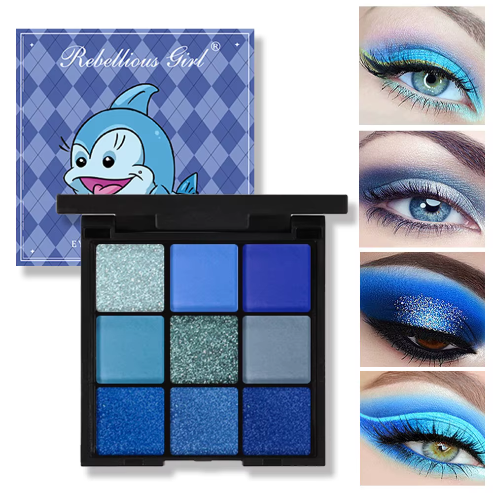 Palette de fards à paupières bleu, 9 couleurs, mat, scintillant, dauphin, paillettes, maquillage pig