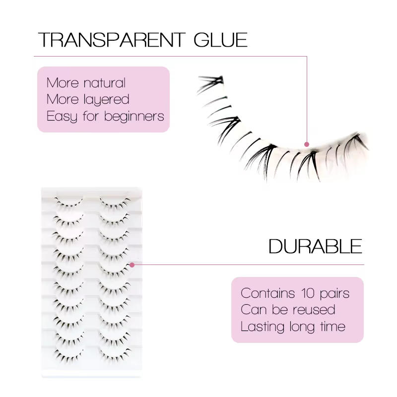10 paires de cils inférieurs Manga, bande transparente, vaporeux, petite flamme sous les yeux, maqui