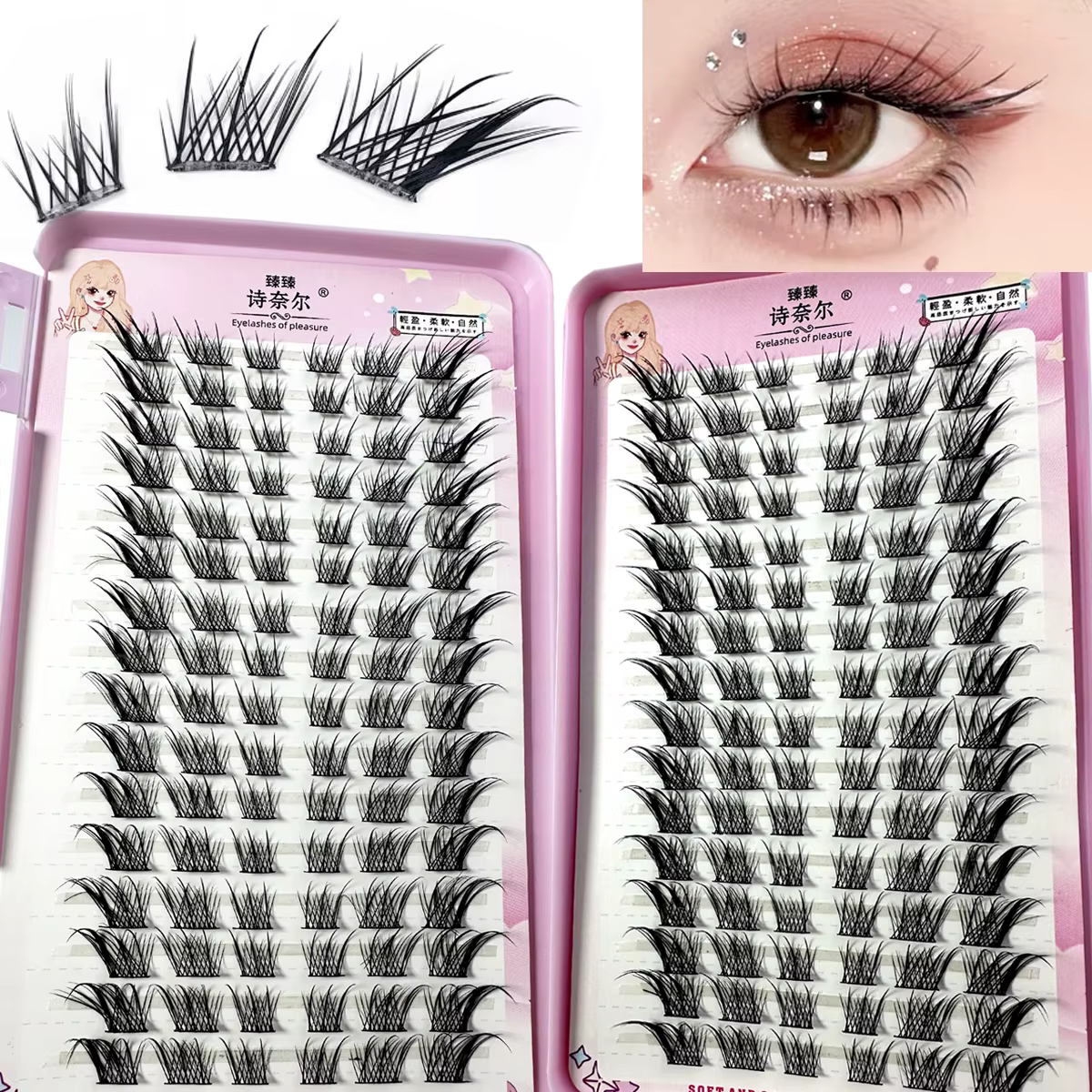 Faux cils manga œil de renard, 32 rangées, grande capacité, optique conique, segmenté, grappe indivi