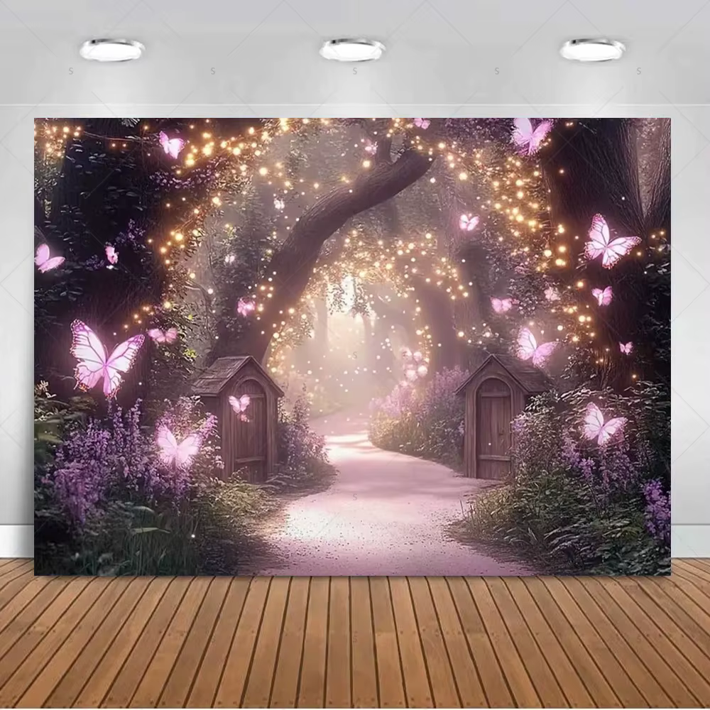 Décorations de fête de mariage, toile de fond magnifique avec des papillons violets, accessoires de