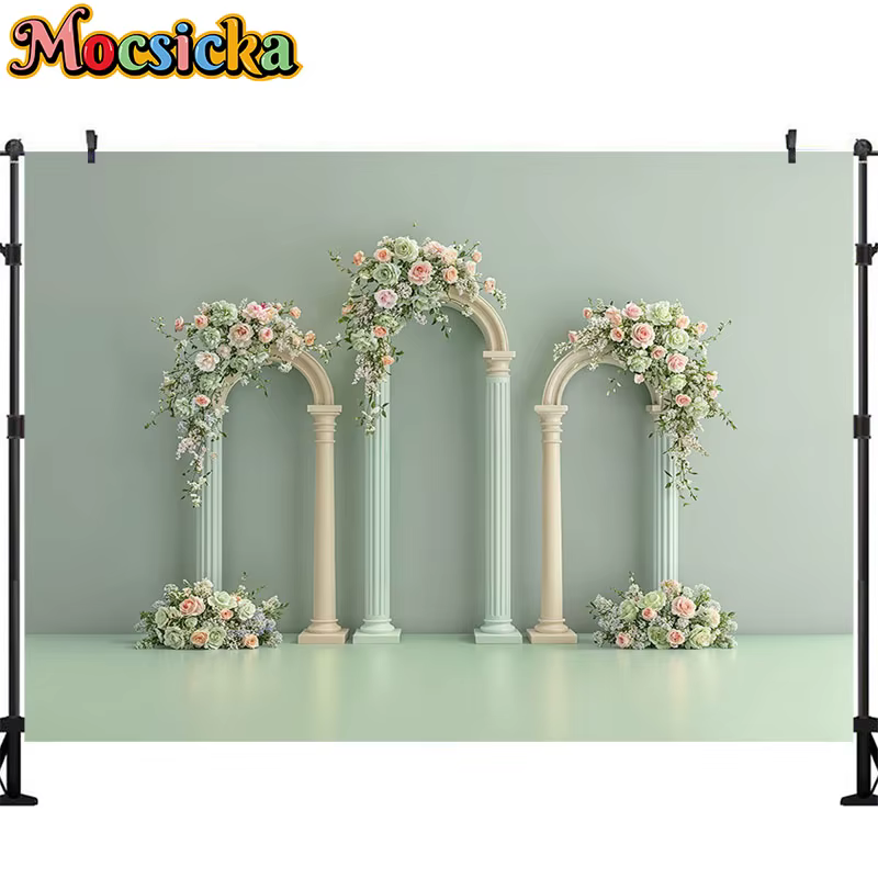Arrière-Plan de Photographie de Mariage, Fleurs Colorées à Trois Arches, Fournitures de Décoration d
