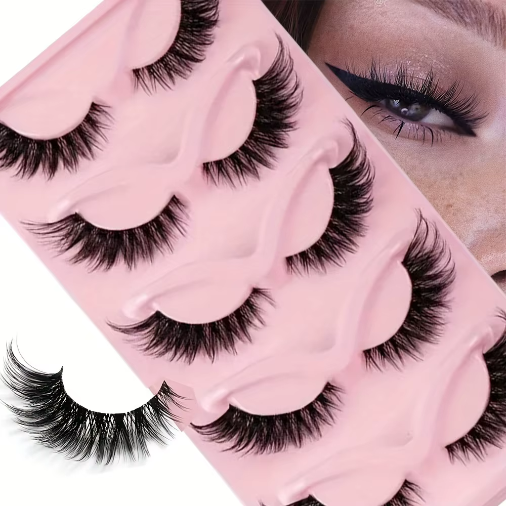 5 paires de faux cils-naturels longs, style œil de chat, pointes ailées, cils Manga pour l'allongeme