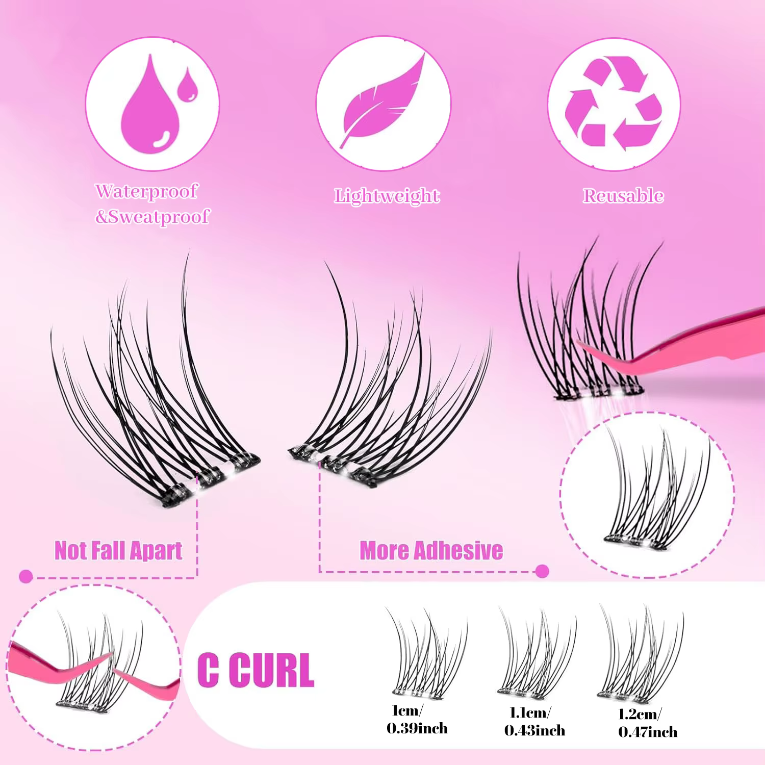 Faux cils auto-adhésifs, grappes de cils à pression, extensions de cils vaporeux, kit d'extension de