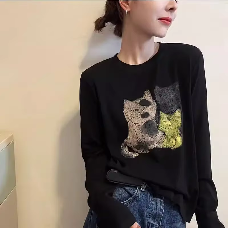 T-shirt à manches longues et col rond pour femme, haut polyvalent décontracté, imprimé de dessin ani