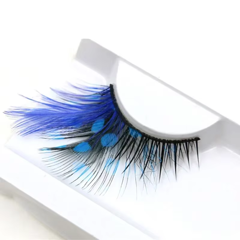 1 paire de faux cils faits à la main, exagérés, points bleus, plumes épaisses, pour Performance, maq